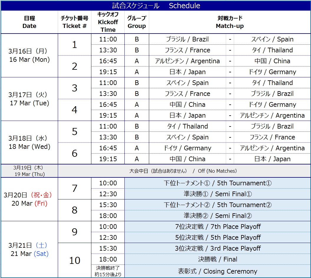 スケジュール・チケット単位情報。1日4試合を行います。16日～18日が予選リーグ、20日が準決勝及び下位トーナメント、21日が順位決定戦となっています。19日は中日のため試合はございません。詳細は上記Excelシートをご参照ください。