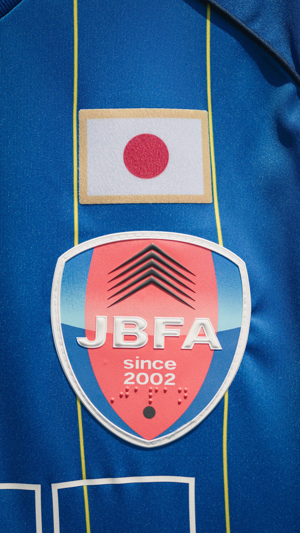 青ユニフォーム胸元のJBFAエンブレムと日の丸